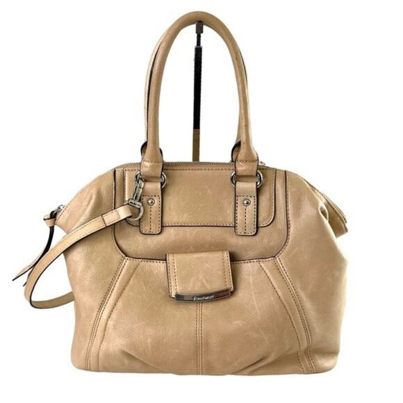 B. Makowsky Leather Handbag Shoulder Strap Storage Pockets Neutral Tan Purse - Picture 1 of 16